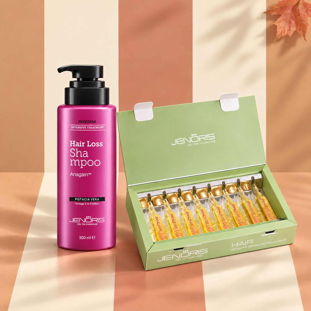 Routine anti-chute Jenoris : shampoing 300 ml et ampoules, visuel d’automne